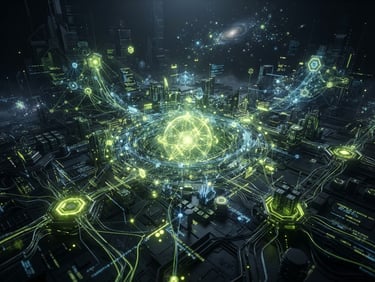 Abstract 3D dark tech render of a sovereign network architecture, glowing code nodes, low-key dramatic studio lighting, deep charcoal and vivid lime, cinematic, 8k resolution