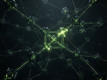 Abstract 3D dark tech render of crystalline network nodes, low-key dramatic studio lighting, deep charcoal and vivid lime accents, cinematic, 8k