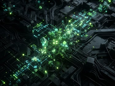 Macro close-up of a dark tech 3D abstract render, glowing green code nodes, low-key dramatic studio lighting, deep charcoal and vivid lime accents, cinematic, 8k