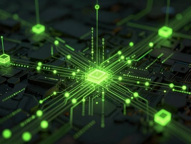 Abstract 3D dark tech render of glowing code nodes and data streams, dramatic low-key studio lighting, deep charcoal and vivid lime