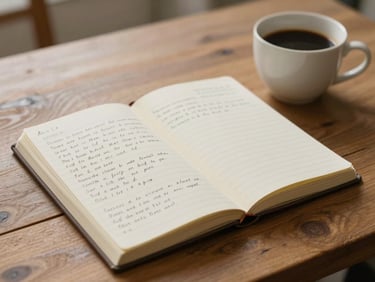 Writer's notebook open on a wooden table with handwritten chapter outline, a cup of coffee beside it, soft diffused daylight, warm restrained tones