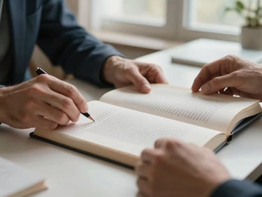 Close-up of an author's hands holding a printed manuscript on a clean desk, natural north-facing window light, a few handwritten margin notes visible, warm and restrained tones