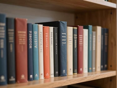 Book spines lined neatly on a wooden shelf, varying heights and colors, soft warm light from above, shallow depth of field, editorial atmosphere