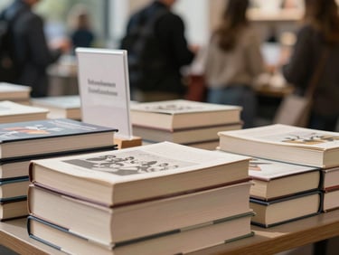 Stacked printed books on a fair table with a simple display sign, natural daylight, people browsing in soft background blur, warm editorial atmosphere