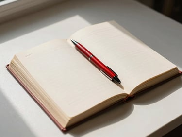 Flat lay of an open manuscript on a clean desk, red pen resting on the page, natural daylight from the side, warm editorial tones