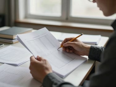 Author seated at a desk reviewing printed page layouts, pencil in hand, afternoon window light, papers spread across the surface, quiet focused atmosphere