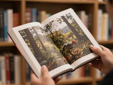 Close-up of a printed book cover being held by two hands against a blurred bookshelf background, warm restrained light, editorial framing