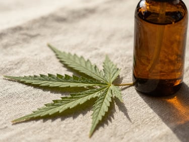 Macro shot of organic hemp texture and a dark amber glass bottle on raw linen fabric, soft natural sunlight, warm tones, 35mm