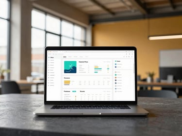 Wide-angle shot of a custom web application dashboard on a laptop, displaying data visualizations and project management tools, in a modern industrial workspace with crisp natural light.