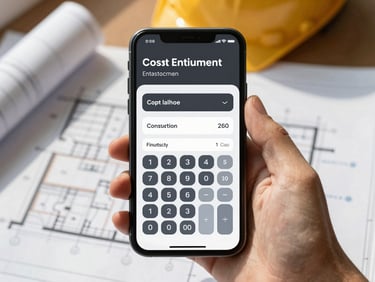 Clean interface mockup of a construction cost estimation calculator on a smartphone, displaying numerical inputs and results, held over a blurred architectural blueprint, sharp daylight.