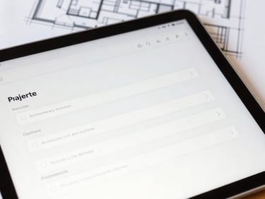 Close-up of a clean, modern web form interface on a tablet, showing organized input fields and clear labels, with architectural blueprints subtly blurred in the background, sharp natural daylight.