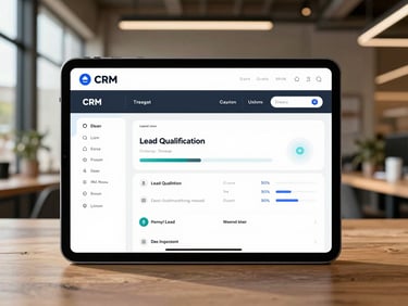 Clean interface mockup of a CRM dashboard on a tablet, showing lead qualification metrics, crisp natural daylight, modern industrial workspace background.