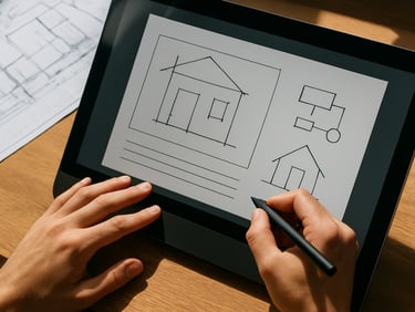 Overhead macro shot of hands sketching diagrams on a digital study guide interface on a desktop monitor, with a blueprint document partially visible, sharp daylight.