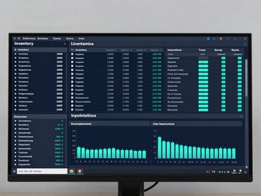 Close-up of a high-density enterprise ERP executive dashboard on a large monitor, showing multiple operational KPI panels—inventory levels, shipment status, production throughput—rendered in dark mode with deep navy background, steel-gray data rows, and cyan accent indicators, photographed straight-on in clean studio lighting with no glare