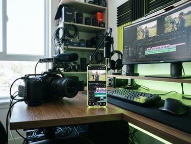 Dynamic low-angle shot of a modern editing desk, high-end camera gear, sharp glowing smartphone screen showing active video timeline, natural daylight with subtle neon lime accents