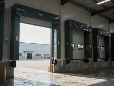 Interior view of a clean commercial warehouse loading dock showing a heavy-duty sectional steel overhead door, bright natural daylight