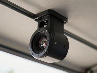 Close-up of a modern belt-drive garage door opener chassis mounted on a clean ceiling, natural light