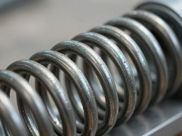 Tight macro shot of a heavy-duty steel torsion spring, clean galvanized metal, daylight, professional focus