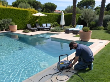 un technicien met sous pression une canalisation d'une piscine à Toulon dans le var