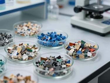 Close-up of a quality control laboratory desk with transparent petri dishes containing sorted recycled plastic regrind, high-contrast clinical lighting.
