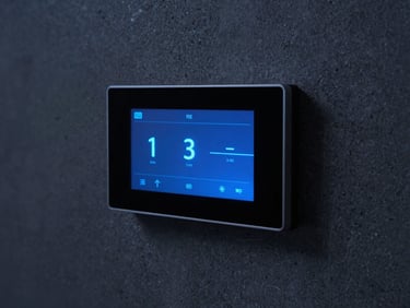 Extreme macro close-up of a flush-mounted smart home touchscreen interface on a dark concrete wall, cool blue status LED glowing softly, 35mm