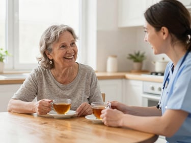 An elderly woman and a friendly caregiver sitting at a wooden kitchen table, sharing a laugh over tea, soft natural light, shallow depth of field