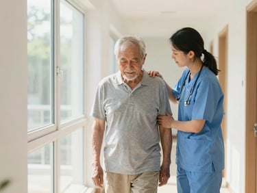 A caregiver gently supporting a senior man walking through a bright, sunlit hallway, natural window light, warm supportive atmosphere