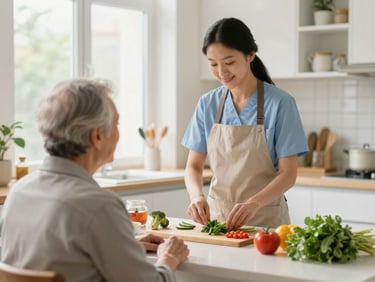 A professional caregiver organizing fresh ingredients in a bright modern kitchen, a senior sitting comfortably nearby, warm domestic setting