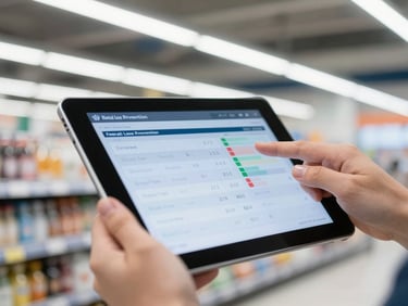 Close-up of hands reviewing a tablet dashboard showing real-time retail loss prevention metrics, focus on data, cool industrial tones.