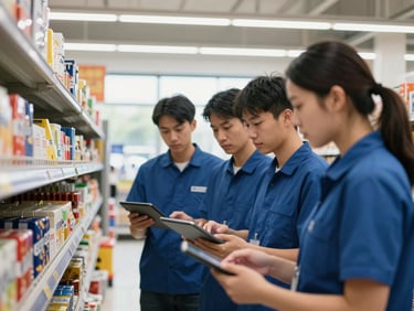 Mid-shot of retail staff collaboratively checking inventory on tablets in a supermarket aisle, hands-on training, natural daylight from a large window.