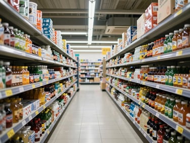 Wide shot of a well-organized supermarket backroom with clear labeling and efficient movement paths, realistic fluorescent lighting.
