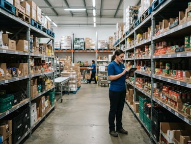 Wide shot of a well-organized supermarket backroom with shelves of inventory, a worker in the mid-ground checking stock on a tablet, realistic supermarket fluorescent lighting, cool industrial tones, sharp focus, 35mm lens