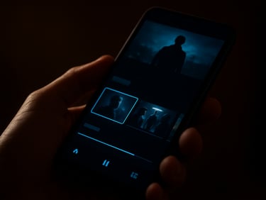 A smartphone held in low light displaying a modern television series menu, vibrant electric blue accents highlighting the active episode.