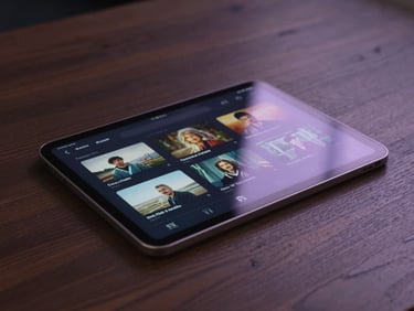 A sleek tablet resting on a dark wooden table showing a cinematic movie selection interface, soft violet screen light reflecting off the surface.