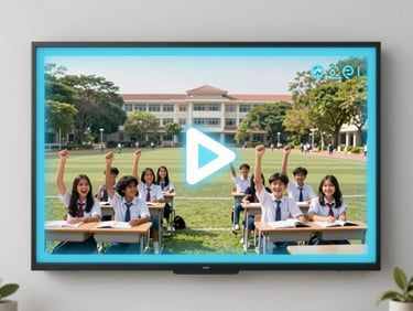 A cinematic wide-angle shot of a school video player interface showing Indonesian students cheering on a green campus, play icon overlay, soft lighting