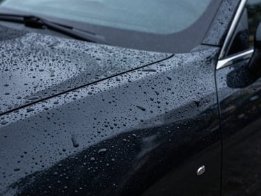 Close-up of water beading on ceramic-coated deep black car paint under cool studio lighting, sharp droplets standing tall on a mirror-smooth surface