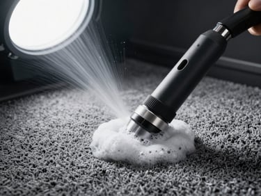 Hot-water extraction nozzle pressed into a grey car carpet, foam and moisture lifting from the fibers under bright cool overhead light