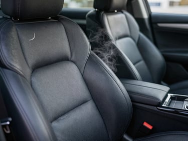 Extreme close-up of a spotless dark car interior, steam-cleaned seat fabric under cool white light, no wrinkles, no stains