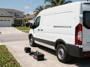 Wide shot of a white mobile detailing van parked in a residential driveway in bright Florida daylight, detailing equipment laid out beside the vehicle, clean suburban background, high-contrast cool daylight, van occupies the right half of the frame with open driveway space to the left