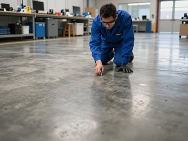Wide environmental shot of a clean, organized commercial workspace in Utah, a technician in protective gear inspecting a flawless polished concrete floor.