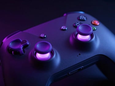 Macro shot of a high-end gaming controller with glowing violet thumbsticks, dark obsidian background, sharp details.