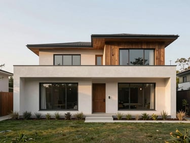 Straight-on architectural photography of a modern home exterior integrated with its land, soft natural daylight, muted earth tones, clean lines.