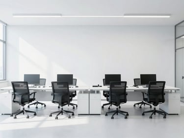 Wide environmental shot of a neat executive office, bright high-key lighting, cool tones, modern clinical aesthetic