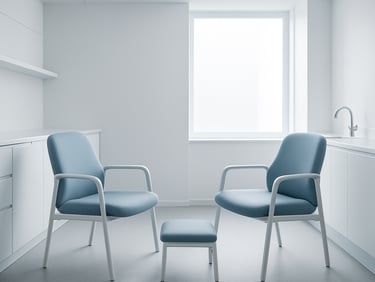 Medium shot of a bright, organized clinic space with two comfortable chairs facing each other, clean architectural lines.