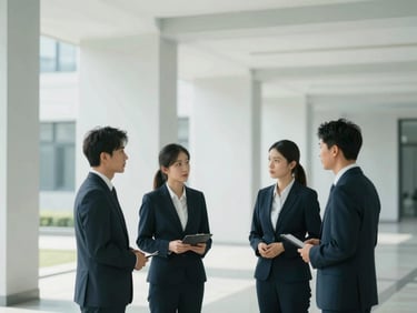 Medium shot of professional interactions in a calming architectural space, cool tones, soft diffused daylight.