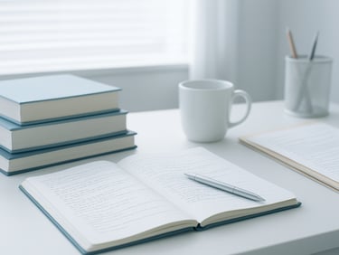 Medium shot of a neat desk environment with psychology textbooks and clinical notes, soft daylight, cool calming tones.