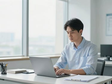 Medium shot of a focused professional at a clean desk in a bright office, soft natural daylight, calm clinical editorial style
