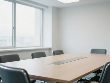 Medium shot of a bright organized meeting room, soft diffused natural daylight, clean architectural lines, calming atmosphere