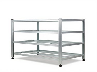 Crisp industrial product photography of modular battery storage racks, de-branded, clean white background, bright even studio light