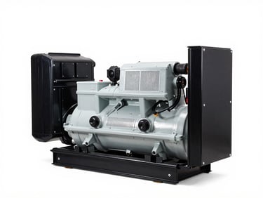 Crisp technical product shot of a soundproof diesel generator unit, clean white background, bright studio lighting